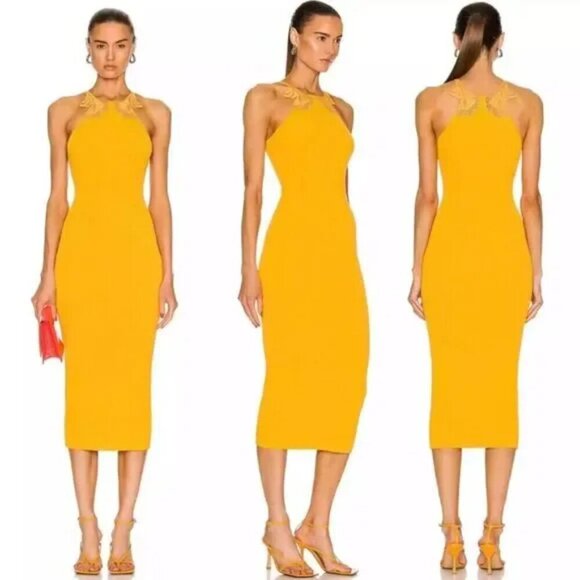 Self Portrait Canary Yellow Inserted Lace Knit Dress Size Small - Picture 1 of 10